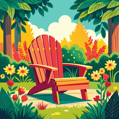 Title: A red wooden Adirondack chair in a lush garden with colorful flowers and greenery