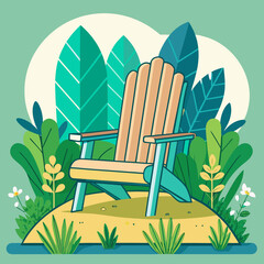 Title: A wooden Adirondack chair in a garden with tropical leaves and flowers
