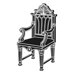Title: A black and white line of an ornate antique chair with intricate details wooden