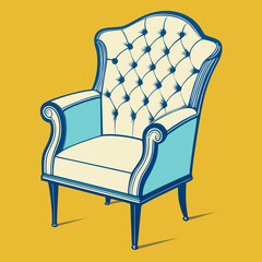 Title: A vintage-style armchair with a tufted backrest and blue and white upholstery