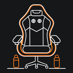 Title: Office chair with orange and white outline on black background featuring armrests and wheels