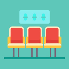 Title: Three red and yellow cinema seats with a sign above them on a light blue background
