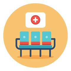 Title: Three blue and red medical examination chairs with a red cross symbol on a yellow circular