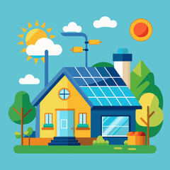 Title: A colorful of a house with solar panels on the roof and a chimney grid supply