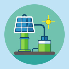Title: A solar-powered lamp with a battery storage unit and a small sun representing solar energy