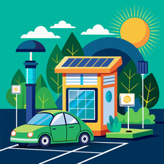 Title: A green electric car parked next to a solar-powered charging station with a sunny sky and