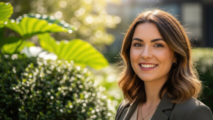 A woman with shoulder-length brown hair smiling outdoors with greenery behind her.