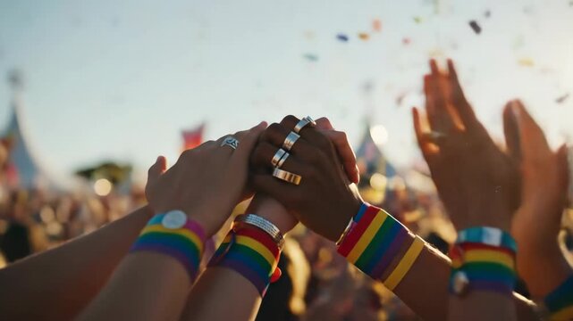 Diverse group raising hands with rainbow wristbands at an LGBTQ Pride festival. Celebration with confetti and clapping in a crowd. Unity and equality concept