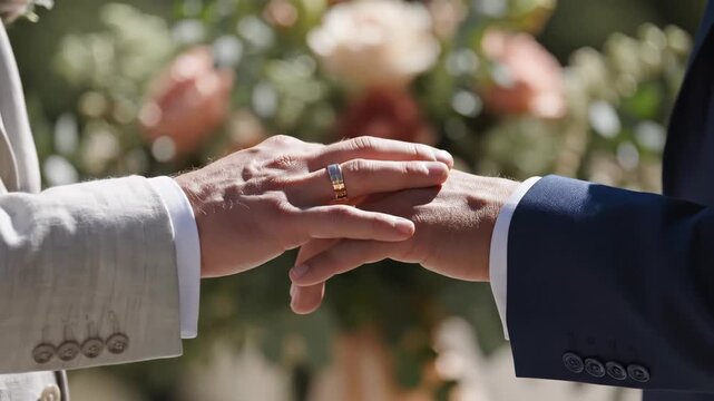 Close-up of two grooms holding hands with gold wedding rings. Male couple in suits gently caressing during a ceremony. LGBT marriage and love concept