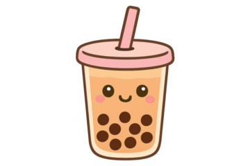Smiling carton bubble tea drink with boba pearls