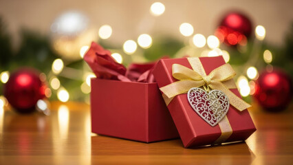 Red gift box with a golden ribbon and heart-shaped ornament on a festive background.