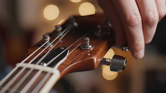 Close-up of a hand tuning a ukulele. Musician adjusting strings on a wooden instrument headstock. Music practice and preparation concept