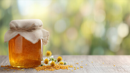 Glass jar of wildflower honey with chamomile on rustic table