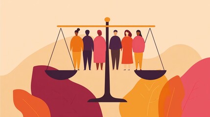 Diverse people balanced on scales with colorful leaves background