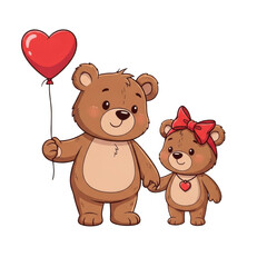Teddy bears with heart balloon isolated on transparent background