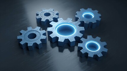 Glowing blue gears in motion on dark metallic surface