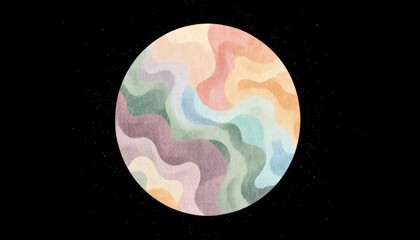 Abstract Oval Sphere of Wavy Pastel Colors Against a Starlit Black Canvas, Perfect for Cosmic Themes, Meditative Presentations, or Artistic Backgrounds