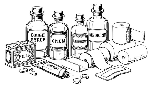 Assorted medical supplies and medications isolated on white background, Vector