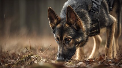 German Shepherd dog in harness sniffing ground in forest