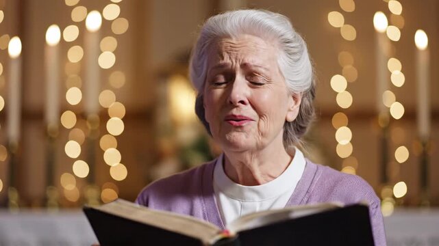 Elderly woman singing a hymn in church with eyes closed. A devout senior person worshipping with a bible. Faith, prayer, and spiritual devotion concept