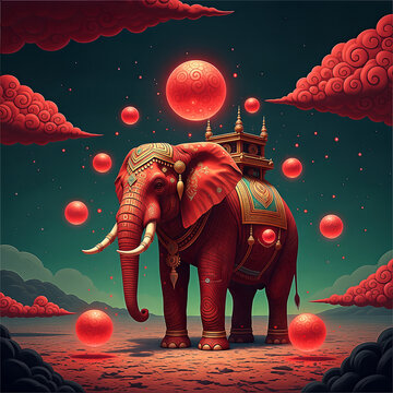 Surreal red elephant with ornate howdah surrounded by floating orbs and clouds.