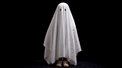 Spooky ghost in white sheet with cut out eyes standing alone