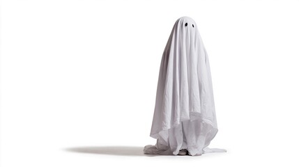 Spooky ghost in white sheet with holes for eyes standing alone