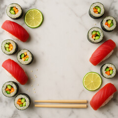 Sushi flat lay with tuna nigiri and vegetable maki rolls on a marble background, minimal food composition with copy space