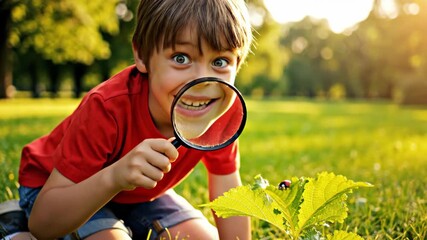 A curious boy explores nature with a magnifying glass. Child discovering a ladybug on a plant in a sunny park. Childhood education and discovery concept