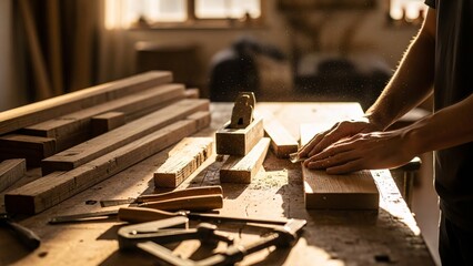 Carpenter working with wood in workshop with tools and building materials