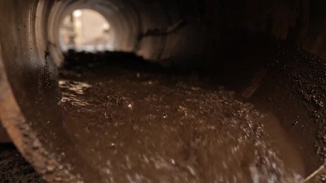 Murky Water Flowing Smoothly Inside Drainage Tunnel in Concrete Construction Environment Interior Shot of Contaminated