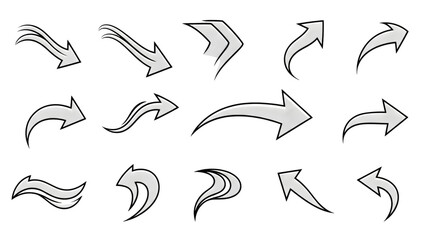 Set of abstract directional flow arrows with smooth curves, consistent stroke width, modern business graphic resource, isolated