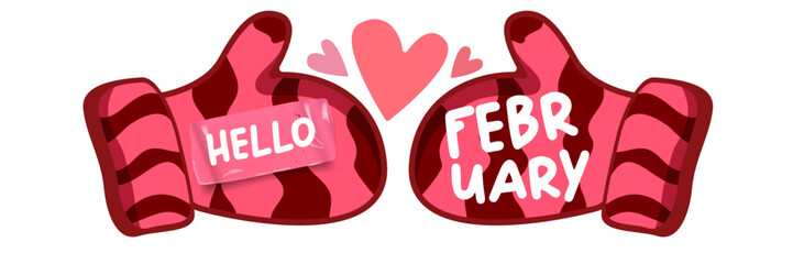 Hello February text with pink love valentines hearts and pink mittens isolated on transparent background. Hello February lovely style sticker png, label png, banner, poster design template