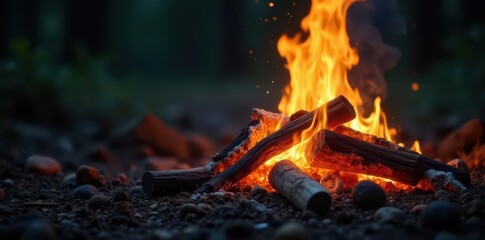 Crackling bonfire with glowing embers, casting warm light , scenic, wilderness, embers