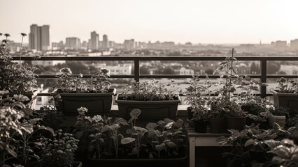 A serene balcony garden overlooking the cityscape, filled with potted plants and a railing, evoking a sense of calm and connection to nature.