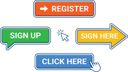 Colorful call to action buttons set with register sign up sign here click here for web interface design user experience