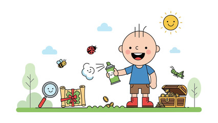 Fototapeta premium Cartoon Boy With Treasure Chest And Treasure Map Having Fun Outdoors