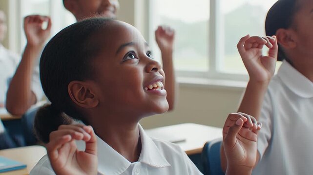 Enthusiastic African American schoolgirl raising hands in a bright classroom, illustrating active learning and participation.