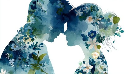 Silhouettes of a couple with floral patterns, representing love and connection. The design features blue and green hues with various flowers.