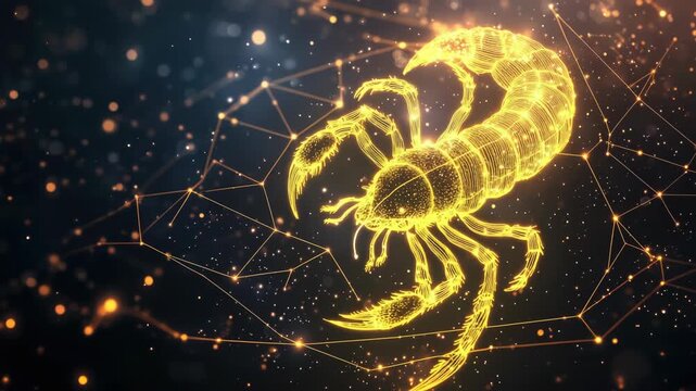 Animated Scorpio zodiac symbol, a glowing golden scorpion gliding across a starry night sky with constellations and mystical cosmic light for astrology and horoscopes