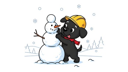 Cute Puppy Building Snowman &ndash; Winter Cartoon Illustration