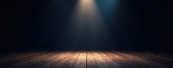Dark stage with single spotlight on polished wood , dark wood, stage production, wood texture