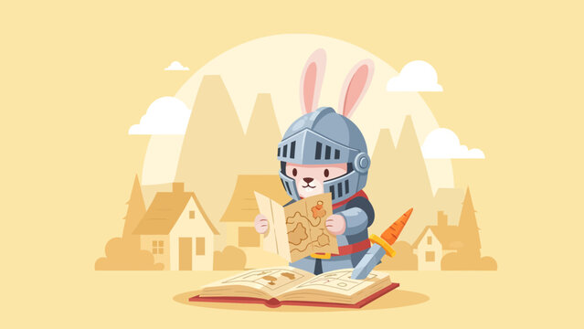 Brave Bunny Knight Reading Ancient Maps For New Adventures In Magical Kingdom
