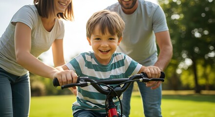 Parents helping their young child ride a bicycle outdoors on a sunny day, family bonding moment