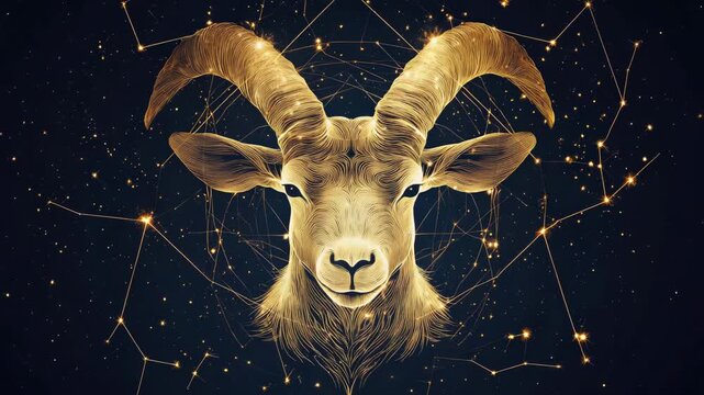 Golden Aries ram head representing the zodiac sign of Aries, appearing majestically against a dark, starry night sky with its corresponding astrological constellation and geometric patterns