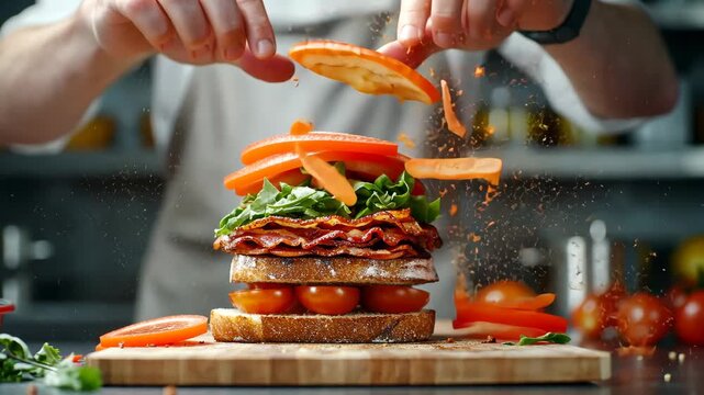 Chef assembles gourmet sandwich with precision in fastpaced kitchen sequence