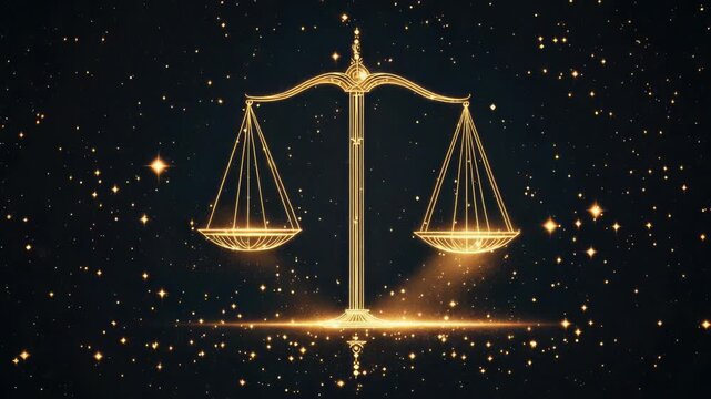 Golden Libra zodiac sign glowing among twinkling stars and shimmering particles on a dark cosmic background, symbolizing balance, justice and mystic celestial harmony
