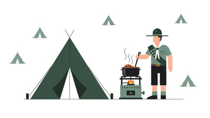 Boy Scout Preparing Food at Campsite Amidst Tents Cartoon Illustration