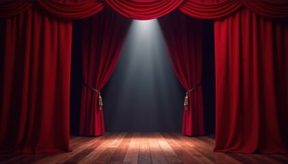 Deep red curtains frame bright spotlight, empty stage awaits, stage, center, red curtains