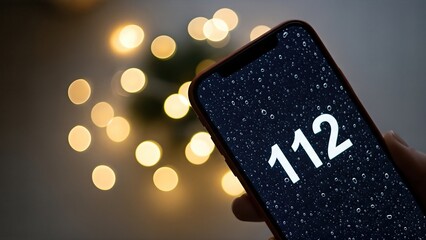 Smartphone displaying emergency number 112 with raindrops on screen, surrounded by soft bokeh lights, symbolizing urgency and assistance in critical situations